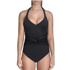 Bleu Rod Beattie Solid Black Twist Front Swimsuit Black Tummy Control Size 6